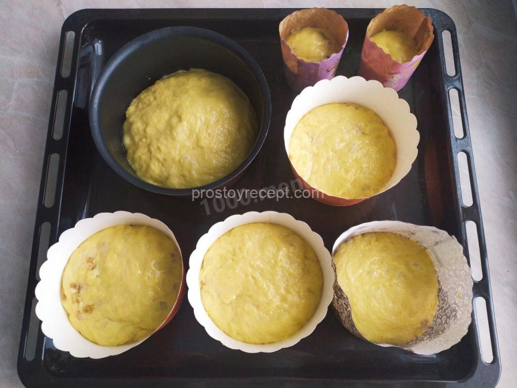 Разложите тесто по формам для куличей. Из данного количества ингредиентов