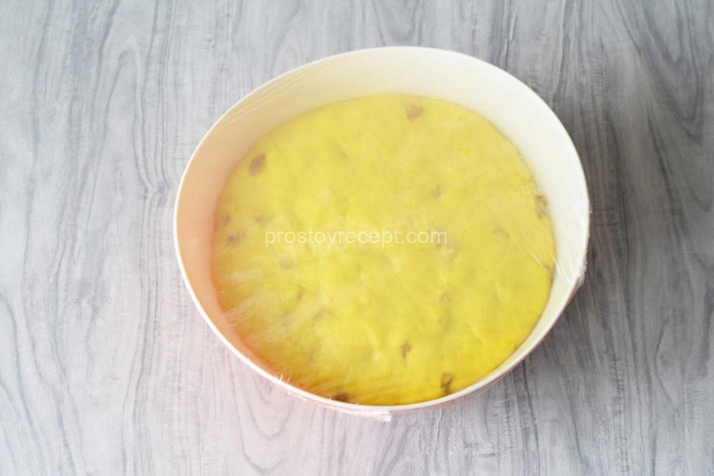 Переложите тесто в смазанную растительным маслом миску, затяните пищевой пленкой